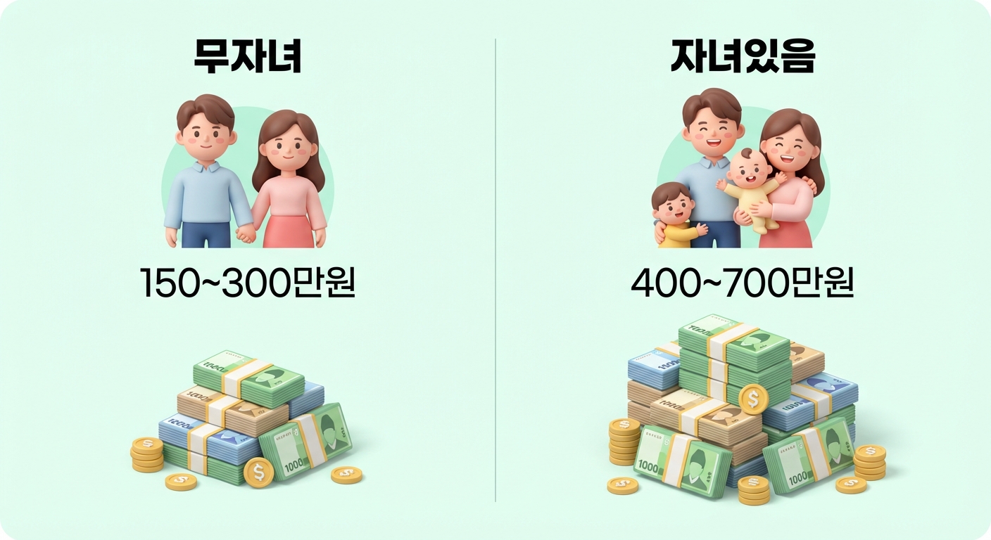 자녀 유무에 따른 맞벌이 부부 월 생활비 비교 - 무자녀 150-300만원, 자녀 있음 400-700만원
